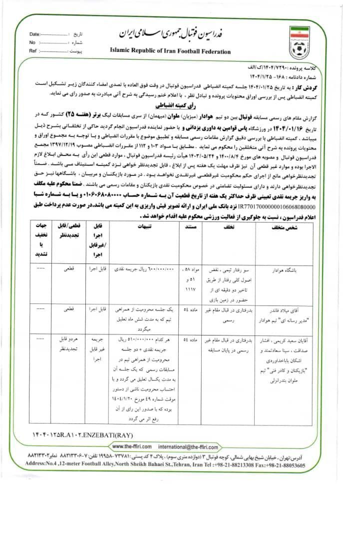 اعلام آرای انضباطی تیم‌های فوتبال تراکتور و استقلال، خلیل‌زاده، خداداد عزیزی و پیروانی