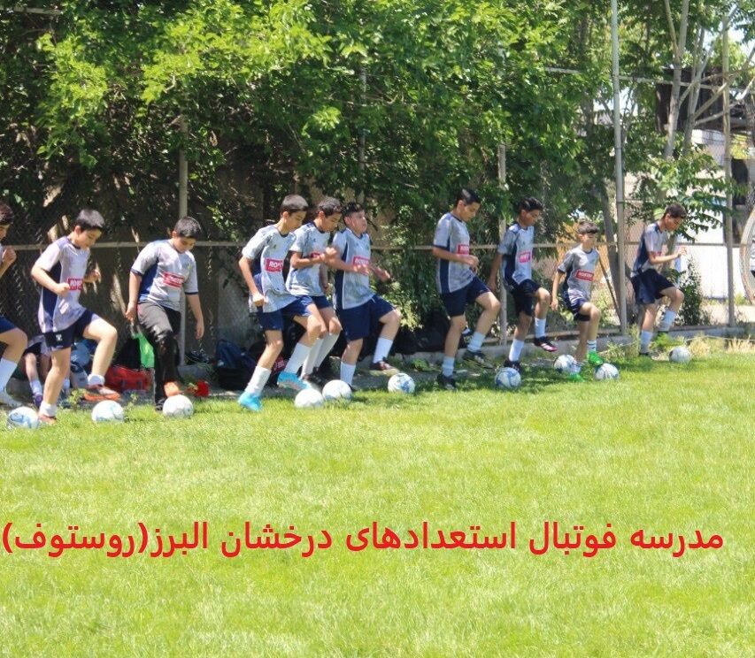 گروهی از کودکان با لباس‌های ورزشی خاکستری و آبی در حال تمرین فوتبال روی زمین چمن، هر یک با یک توپ در حال دریبل کردن، در محیطی سرسبز با درختان و حصار در پس‌زمینه