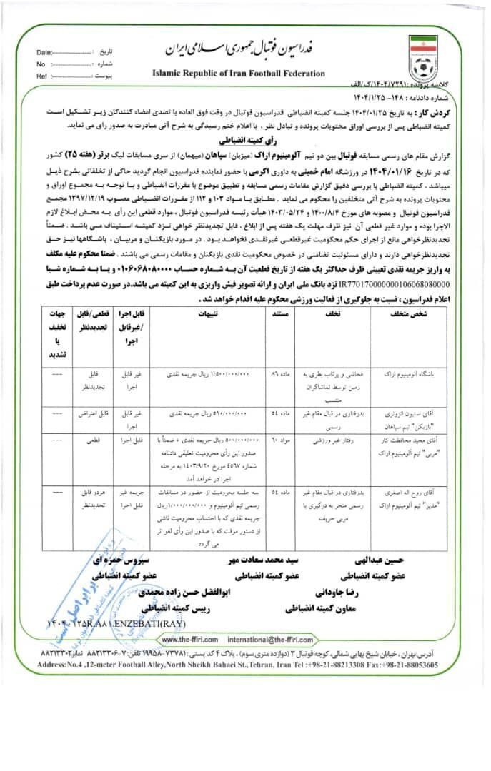 اعلام آرای انضباطی تیم‌های فوتبال تراکتور و استقلال، خلیل‌زاده، خداداد عزیزی و پیروانی