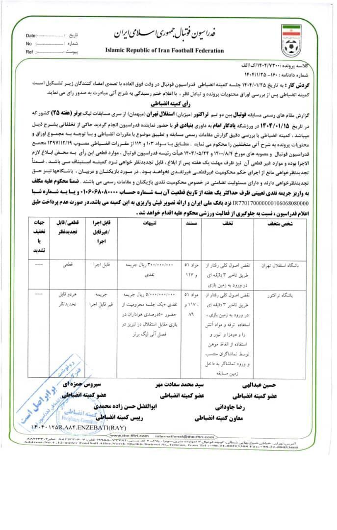 اعلام آرای انضباطی تیم‌های فوتبال تراکتور و استقلال، خلیل‌زاده، خداداد عزیزی و پیروانی